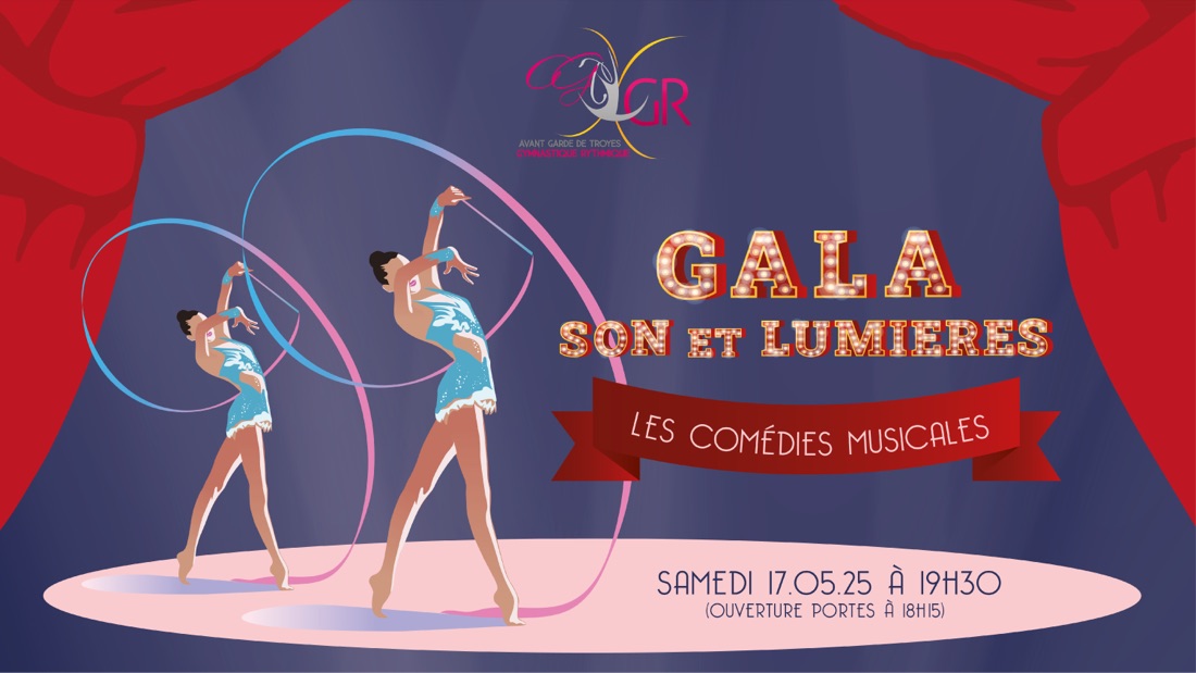 Affiche du gala son et lumières de l'Avant Garde de Troyes : deux gymnastes au ruban devant un rideau de théâtre rouge.