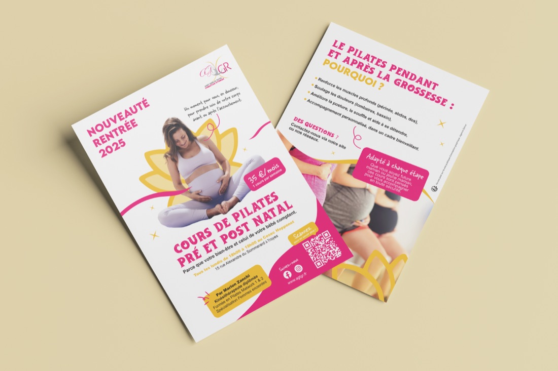 Les deux faces du flyer des cours de Pilates pré et post natal, en rose et magenta.