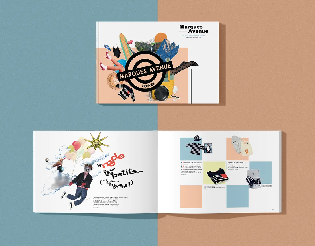 Le catalogue Marques Avenue Troyes, fermé puis ouvert sur une double page mode.