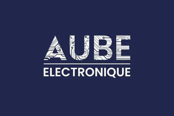 Le logo Aube Electronique, lettrage blanc texturé sur fond bleu nuit.