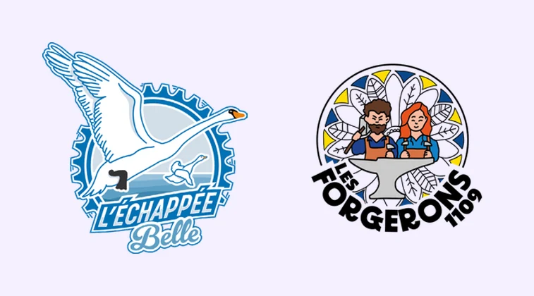 Deux des emblèmes d’équipe créés pour des magasins Decathlon : le cygne de L’Échappée Belle et l’enclume des Forgerons 1109.