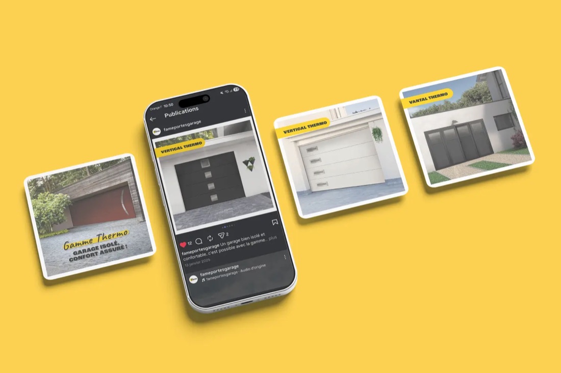 Publications Instagram de la gamme Thermo de FAME, présentées autour d'un téléphone.