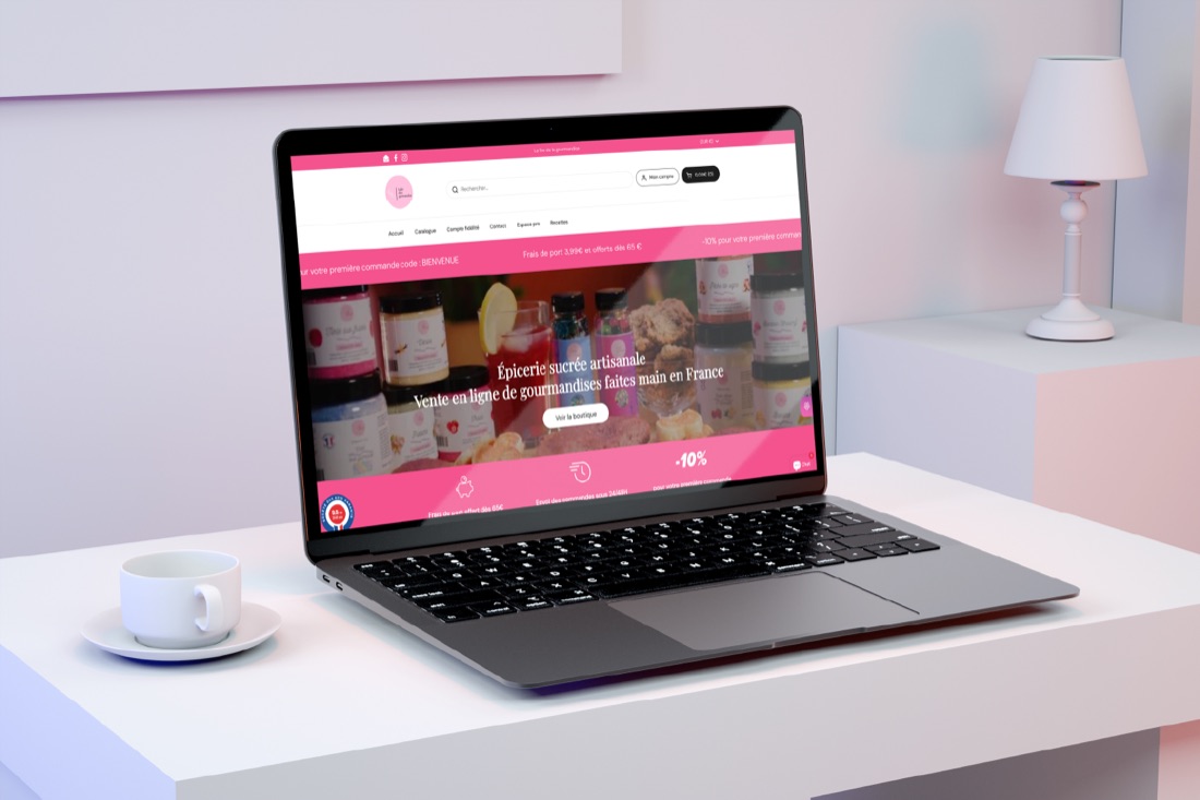 La boutique en ligne de La Fée de la Gourmandise affichée sur un ordinateur portable.