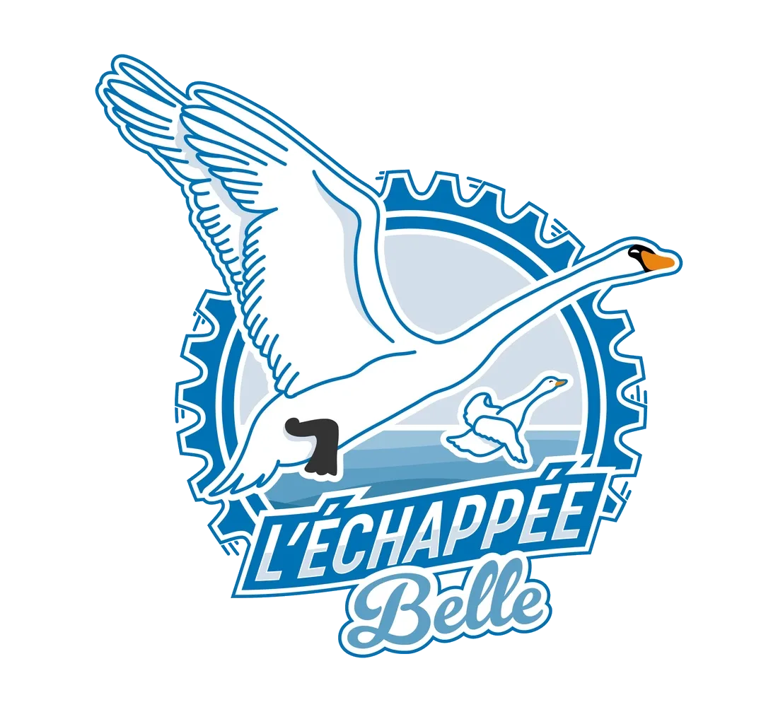 Logo final L'Échappée Belle : cygne en vol dans une roue crantée de vélo.