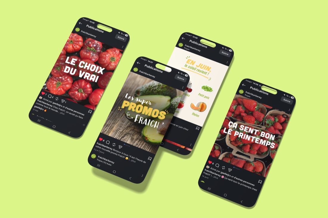 Quatre publications Fraich' sur des écrans de téléphone.