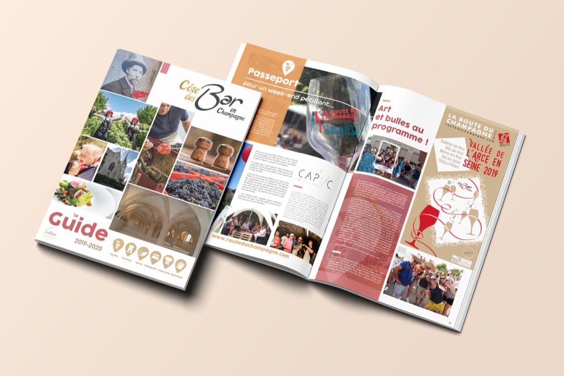 Le guide touristique Côte des Bar en Champagne, édition 2019-2020, ouvert sur une double page.