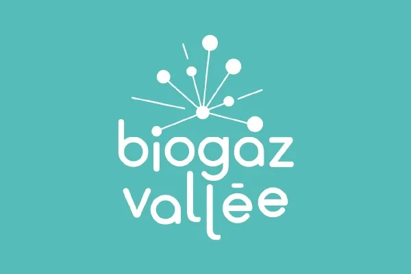 Le logo Biogaz Vallée, constellation de points reliés, en blanc sur fond turquoise.