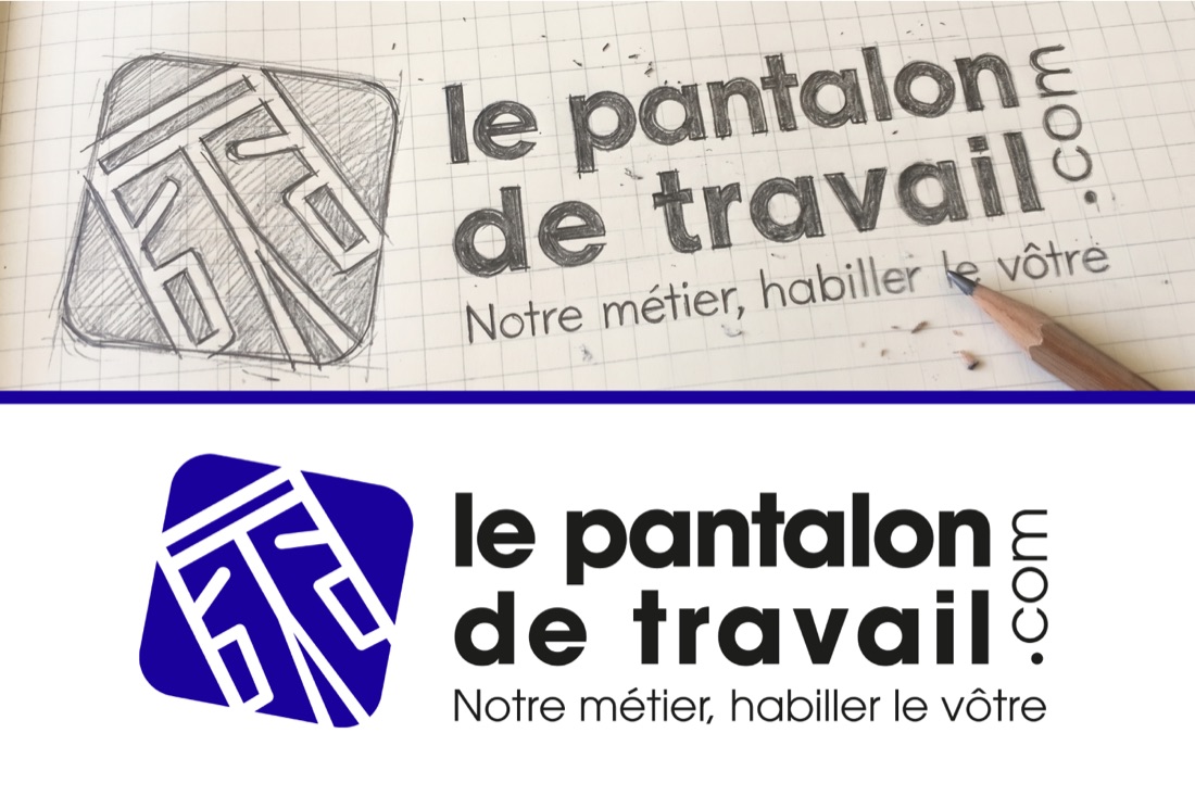 Planche du logo Le Pantalon de Travail, de l'esquisse au crayon à la version finale.