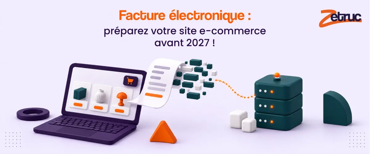 Un ordinateur portable affiche une boutique en ligne, une facture en sort et se transforme en blocs de données qui filent vers un serveur