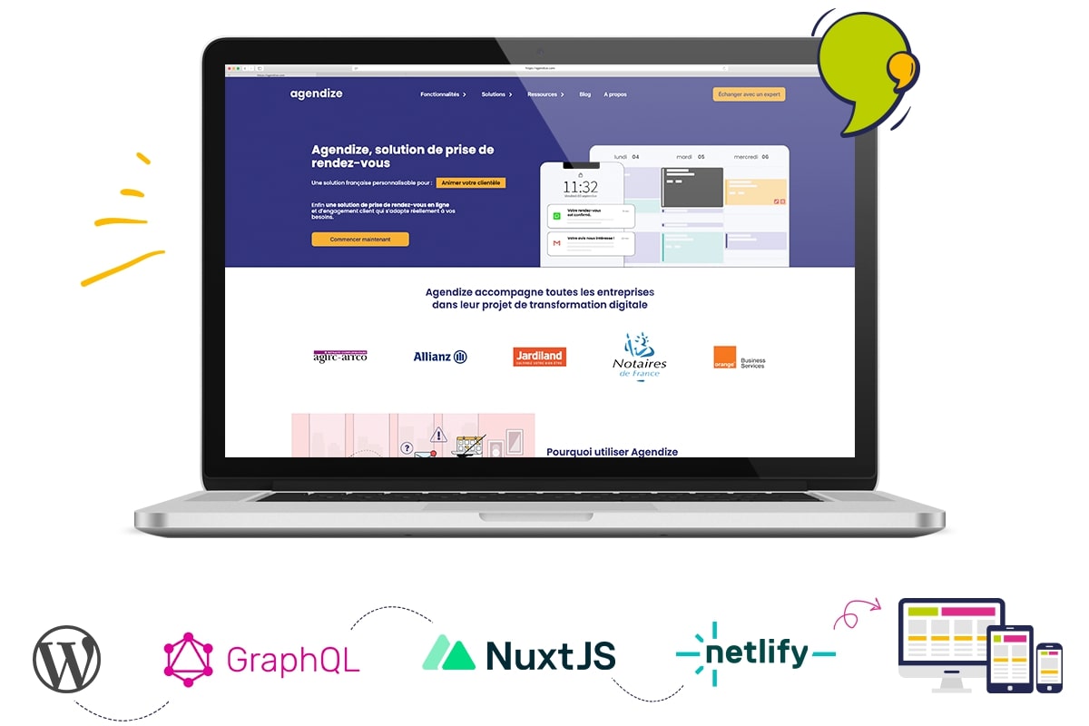 Agendize : un exemple réussi de site Headless combinant NuxtJS et WordPress pour une expérience professionnelle performante.