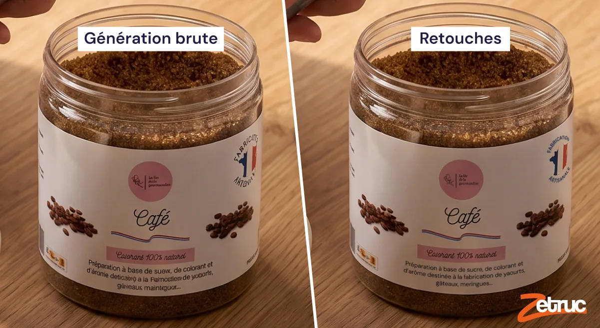 Comparaison avant après retouche d’une étiquette produit générée par IA