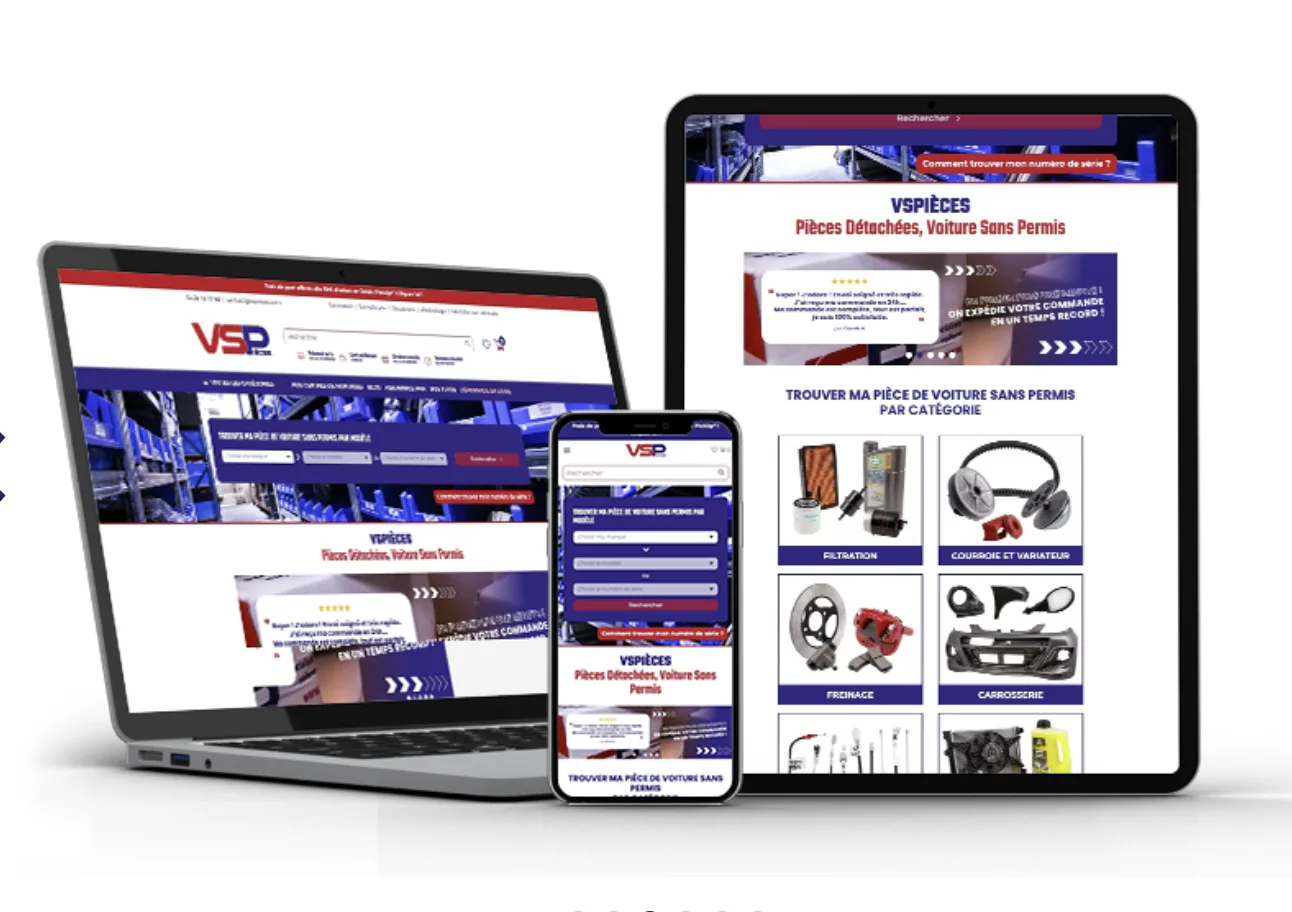 La boutique VSPièces affichée sur un ordinateur portable, une tablette et un téléphone.