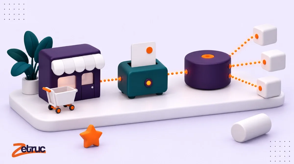 Une boutique reliée à un module qui imprime la facture, lui-même relié à une plateforme qui la distribue vers trois destinataires