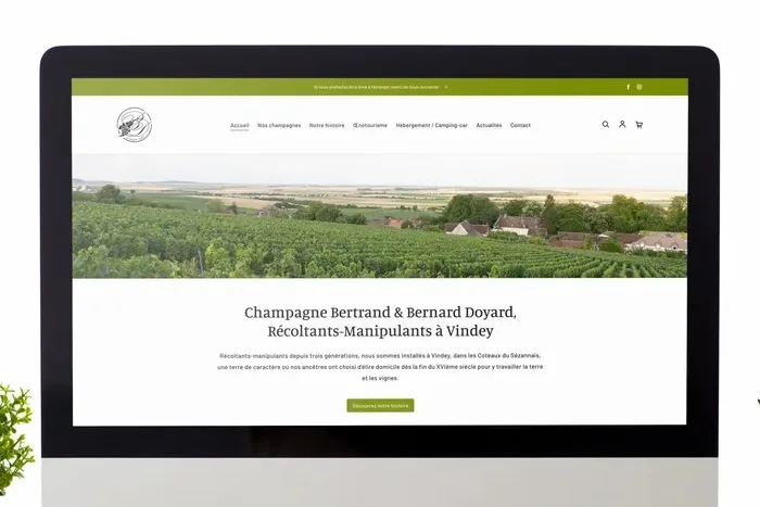La page d’accueil du site Champagne Bertrand & Bernard Doyard, vue sur un écran : une photo de vignes et la signature « Récoltants-Manipulants à Vindey ».