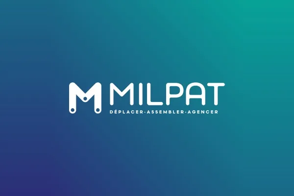 Le logo Milpat, « déplacer, assembler, agencer », en blanc sur un dégradé bleu et vert.