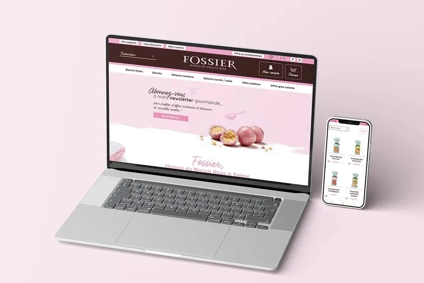 La boutique Fossier sur un ordinateur portable et un téléphone, page d’accueil et catalogue.
