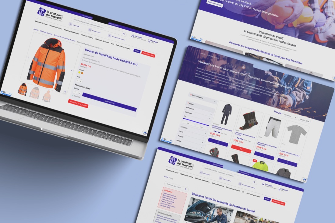 Plusieurs pages du site lepantalondetravail.com présentées ensemble : accueil, page de catégorie et fiche produit.