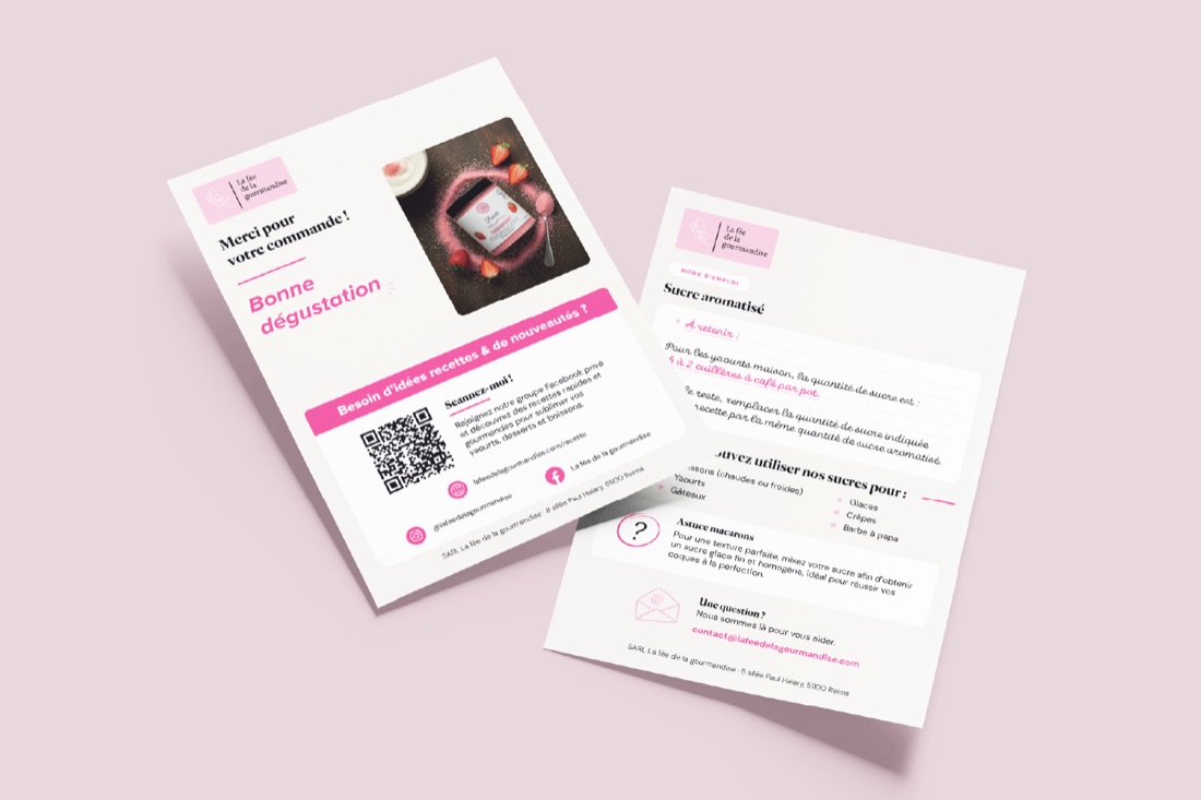 Les deux faces de la carte de remerciement glissée dans les commandes de La Fée de la Gourmandise.