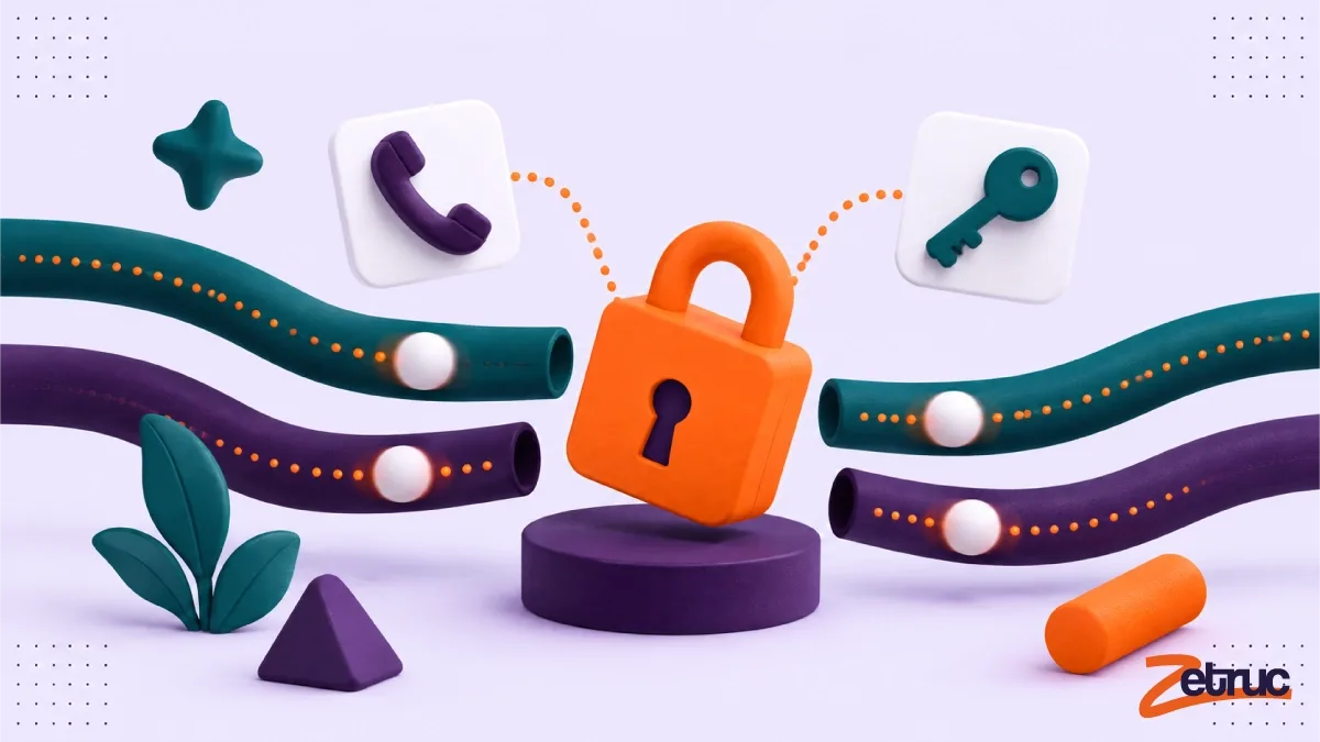 Un cadenas orange relié à un téléphone et à une clé, entre deux canaux séparés : la vérification passe par un autre canal que celui du message