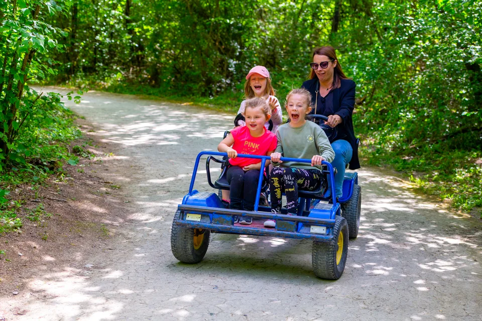 Une famille en balade en rosalie sur un chemin ombragé de Grinyland.
